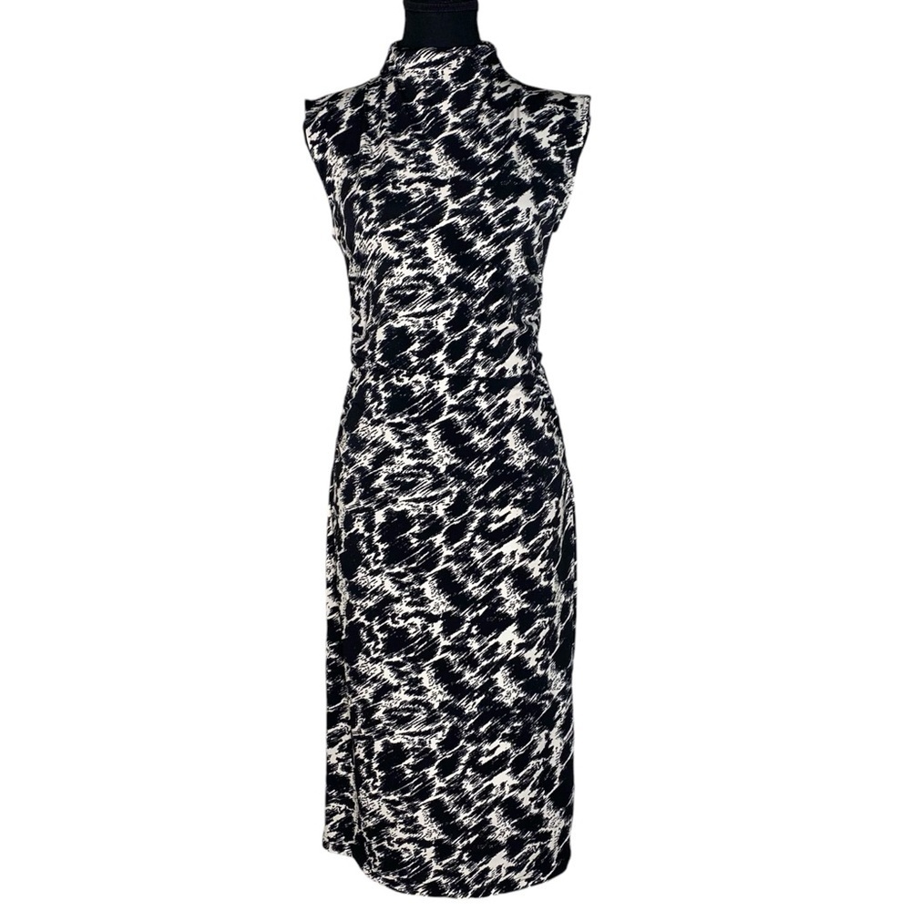 H&M Sleeveless Mock Neck Midi Dress Black White Abstract Pattern Size Medium